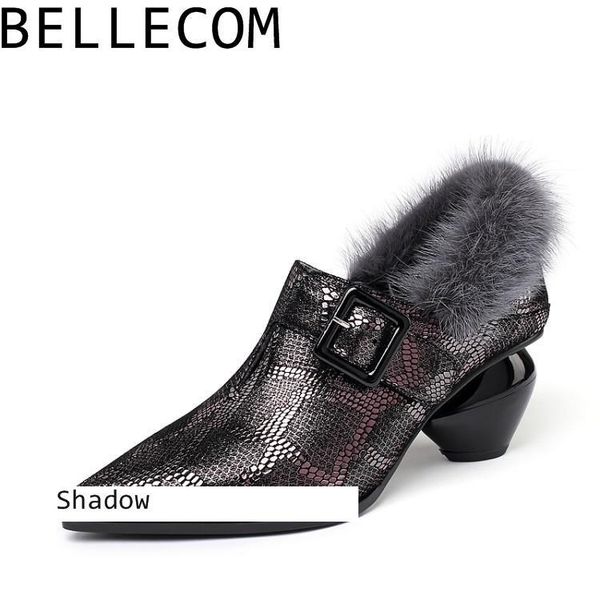 

bellecom shoe woman winter increase down 2020 high-heeled women shoes genuine leather with coarse with single s high heels heel, Black