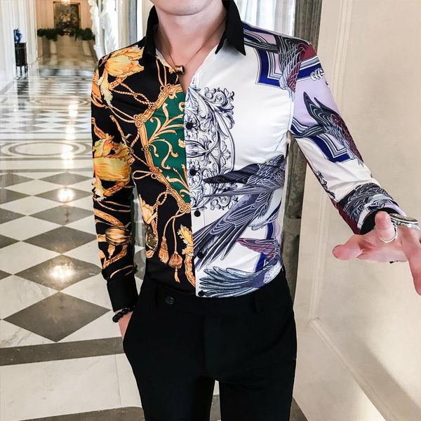 

лоскутные рубашки мужчины повседневная с длинным рукавом slim fit сорочка homme manche longue camisa masculina черное золото брелок рубашка, White;black