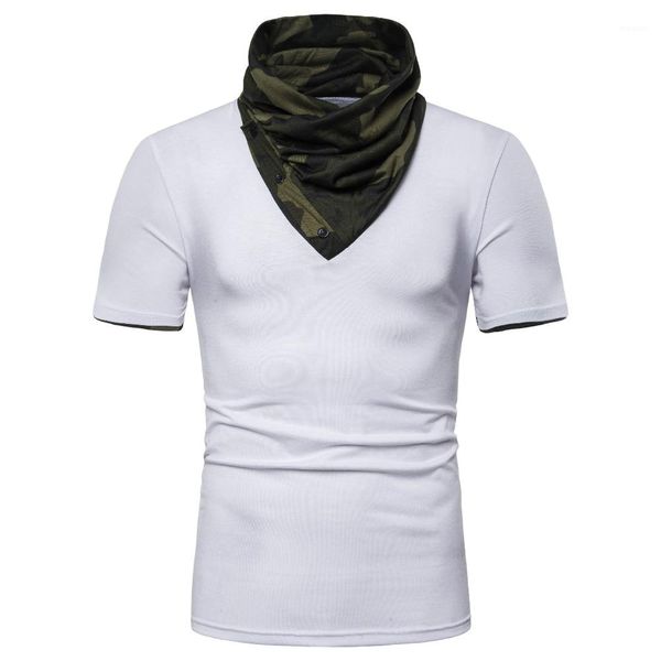 

teenager fashion tees mens camouflage fake two pieces tshirt hooded high collar short sleeve mens designer, White;black