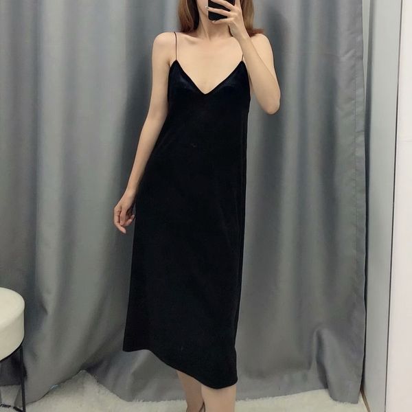 

autumn 2019 new fashion stretchy black velvet mid-calf skinny lady clothing women spaghetti strap tight fitting dress, Black;gray