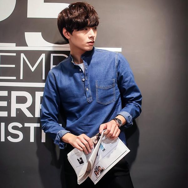 

denim shirt for men long sleeve cotton washed blue stand collar pullover jeans men's shirt leisure blouse man new, White;black