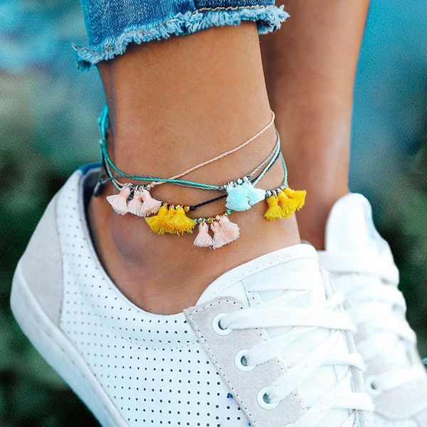 

new colour fringed foot chain section alloy beads imported wax yarn braided waterproof footchain popular, Red;blue