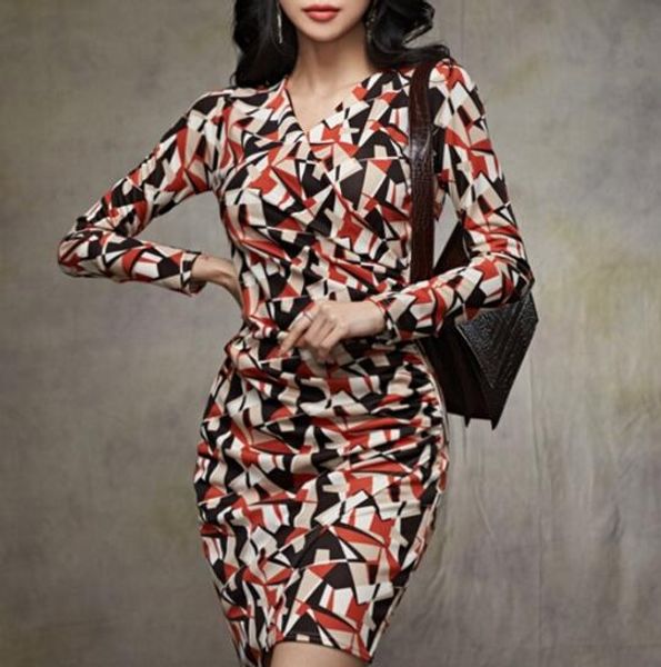 

new temperament v-neck long sleeve printing irregular package hip skirt, Black;gray