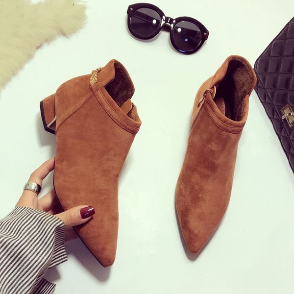 

metal decoration ankle strape winter boots women pointed toe low heels flock ankle botas mujer invierno size 41 snowboots ns82, Black