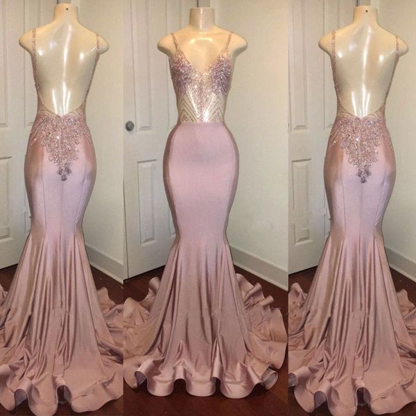 

new arrival spaghetti strap mermaid pink prom dress backless applique beads satin long special occasion dresses, Black