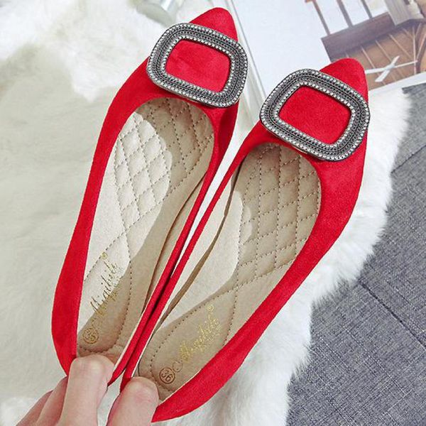 

woman red suede crystal flat shoes rhinestones buckles pointed toe ballet flats slip on loafers comfortable shallow boat shoes, Black