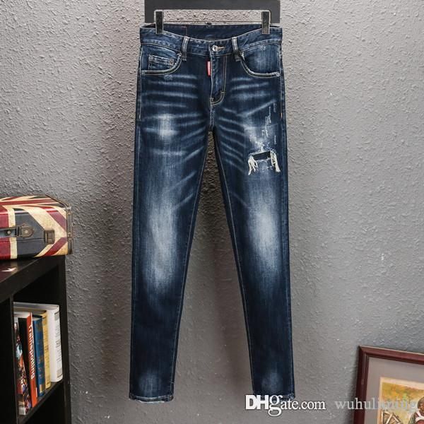 

2020 patches detail biker fit jeans men slim fit motorcycle for mens vintage distressed denim jean pants hip hop luxury fashion men pants, Blue