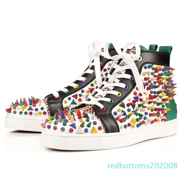 

2019 new designer fashion red bottoms casual shoes studded spikes flats for men women glitter party lovers genuine leather sneakers 08r, Black