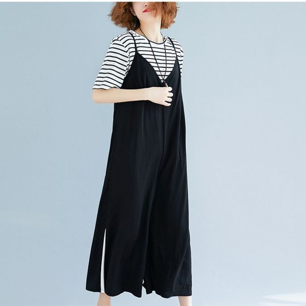 

2019 new arrival summer sleeveless loose black jumpsuits ladies casual patchwork solid thin long rompers, Black;white
