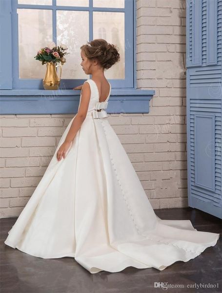 Mädchen-Hochzeitskleider Pentelei mit Perlen am Ausschnitt und Schleifen, Sweep-Schleppe, Satin-Ballkleid, Blumenmädchen-Kleider für Hochzeiten