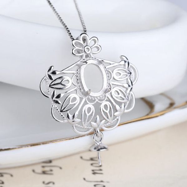 

unique 925 sterling silver women semi mount pendant for 6x8mm oval cabochon pearl or round bead amber agate fine jewelry setting