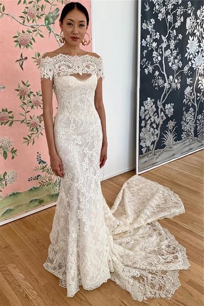 

романтический полный шнурок русалка свадебные платья 2020 sexy бато декольте аппликация поезд стреловидности невесты свадебные платья сшитое, White