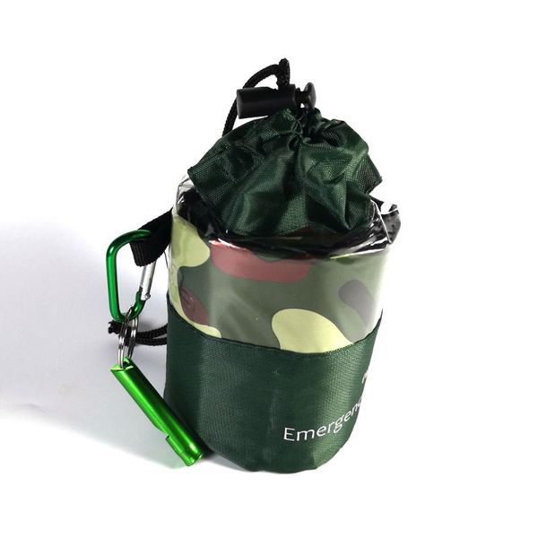 

ultralight portable camping sleeping bag with carabiber whistle waterproof camouflage outdoor travel emergency blanket survival