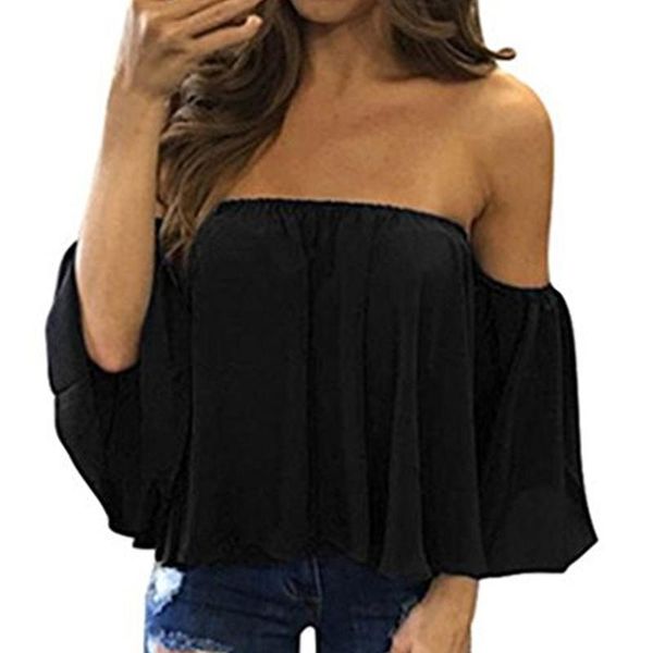 

stylish women off shoulder casual blouse shirt strapless pure color bell puff sleeve, White