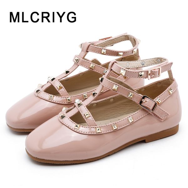 

new autumn 2019 kids stud shoes children pu leather shoes baby girls black princess flats brand dance soft mary jane, Black;grey