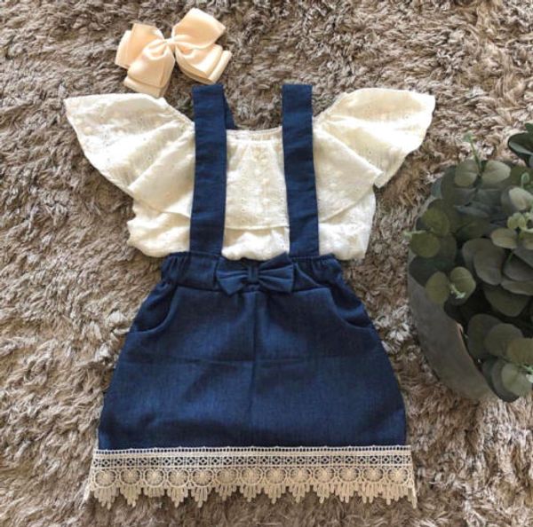 

lace newborn kids baby girl off shoulder denim skirt outfits clothes 0-3t us, White