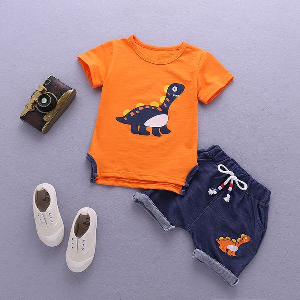 

baby outfit cartoon dinosaur o-neck leisure cotton short sleeved t-shirt + shorts infant summer clothes kids bebes jogging suits, White