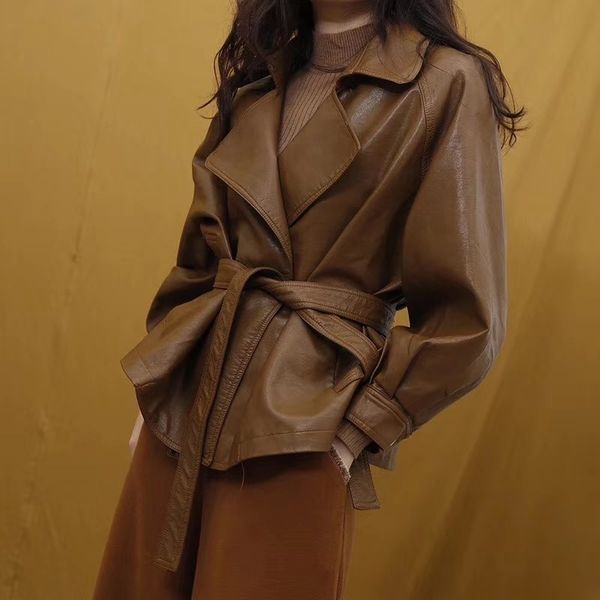 

new fashion lapel oversize bandage waist pu leather jacket females long sleeve loose casual coat yf212, Black;brown