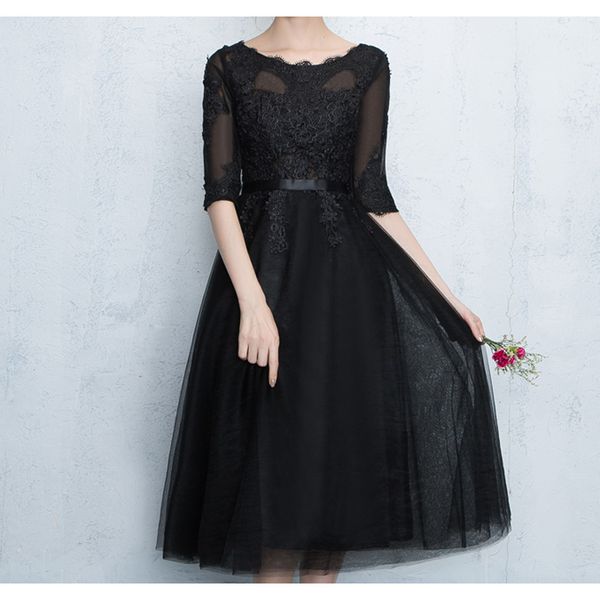 Elegante abito per la madre della sposa, lunghezza tè, mezze maniche, tulle con applicazioni floreali, abiti da madre nero/blu scuro/bordeaux