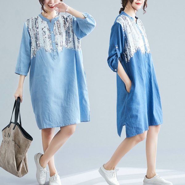 

sequins embroidered large size loose shirt denim dress, Black;gray