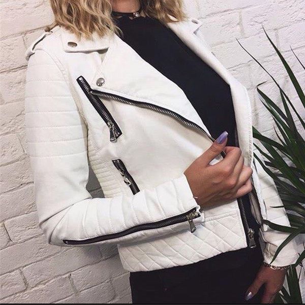 

women's leather jacket motorcycle autumn long sleeve zipper soft faux leather jackets white ladies female coats outerwear, Black