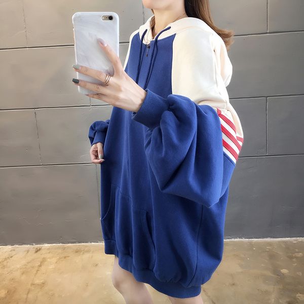 

winter plus velvet women's sweatshirt loose large size long stitching hooded shirt 2019 new solid solor long-sleeved sweatshirt, Black