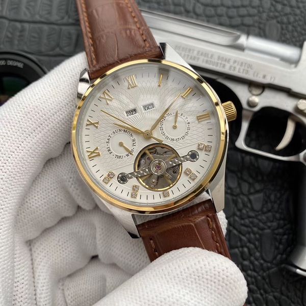 

2019 new style luxury watch 42mm dial real leather strap three needles flywheel designer watches automatic movement watches, Slivery;brown