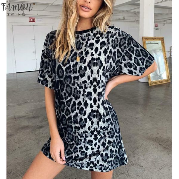 

women summer leopard print loose t-shirt dress fashion short sleeve ladies party beach mini dress sundress, Black;gray