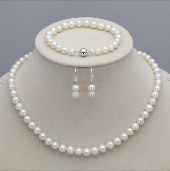 

new 7-8mm natural freshwater pearl necklace bracelet earrings set 18" 7.5, Silver