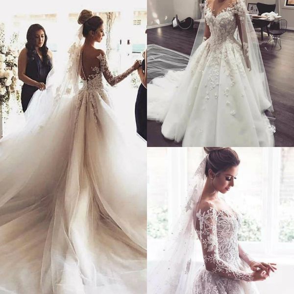 

2019 a line elegant wedding dresses sheer jewel neck lace appliqued pearls country bridal gowns custom made beach wedding dress, White