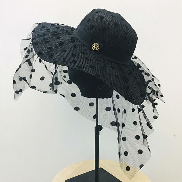 

small fragrant wind polka dot lace lace straw mesh big edge straw hat female summer beach elegant sunscreen holiday hat, Blue;gray
