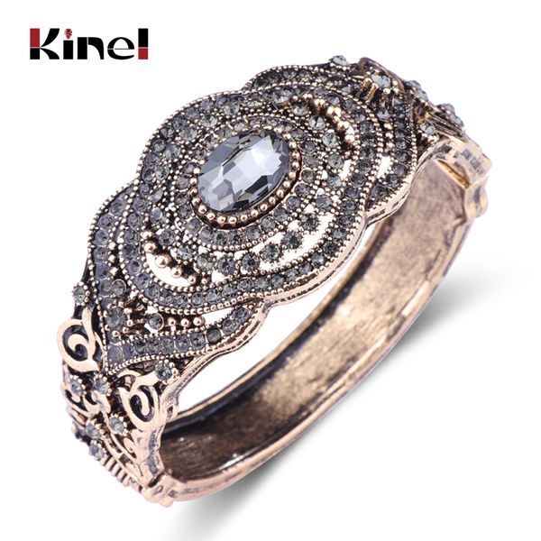 

kinel charm ethnic turkish gray crystal bangles for women antique gold color hollow flower love cuff bracelet bohemia jewelry, Black