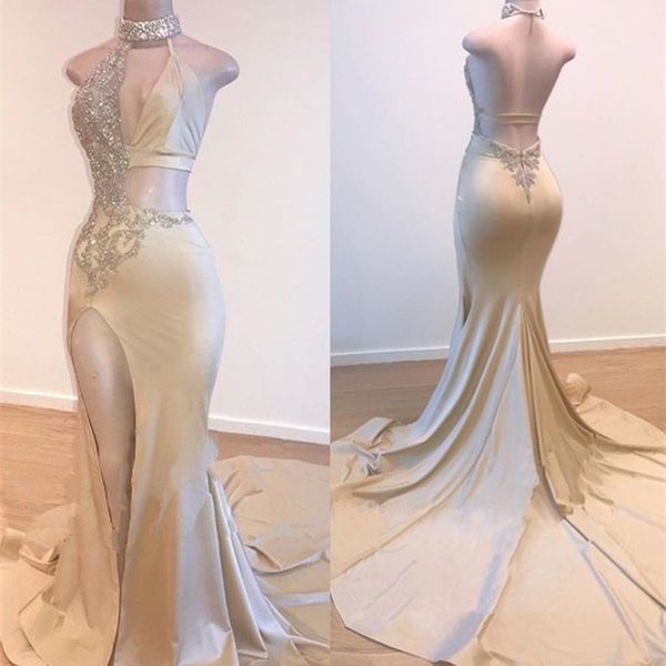 

2019 сексуальное золотое длинное платье для выпускного с атласной русалкой из бисера с вырезом на спине с высокой сплит длиной до пола вечерние платья