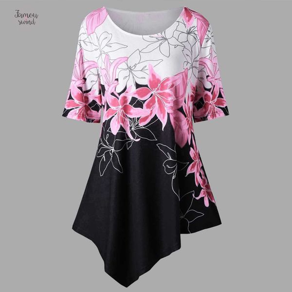 

2019 new women tunic blouse loose summer short sleeve peplum asymmetric hem floral print casual blusas plus size 5xl, White