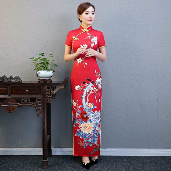 

classic chinese bride wedding dress flower cheongsam vintage women short sleeve satin evening qipao vestido, Red