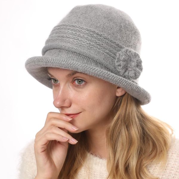 

sparsil women winter hair bucket hat autumn knitted elegant folding fashion artistic fishing hat with flower wool beanies, Blue;gray