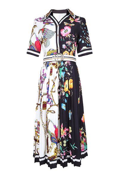 

european and american women's dress 2019 summer new style short sleeve chain flower print pleated fashion dress, Black;gray