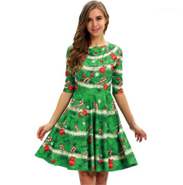 

dress seven sleeved skirt crew neck middle sleeve loose dresses ladies casual dress christmas 3d printed, Black;gray