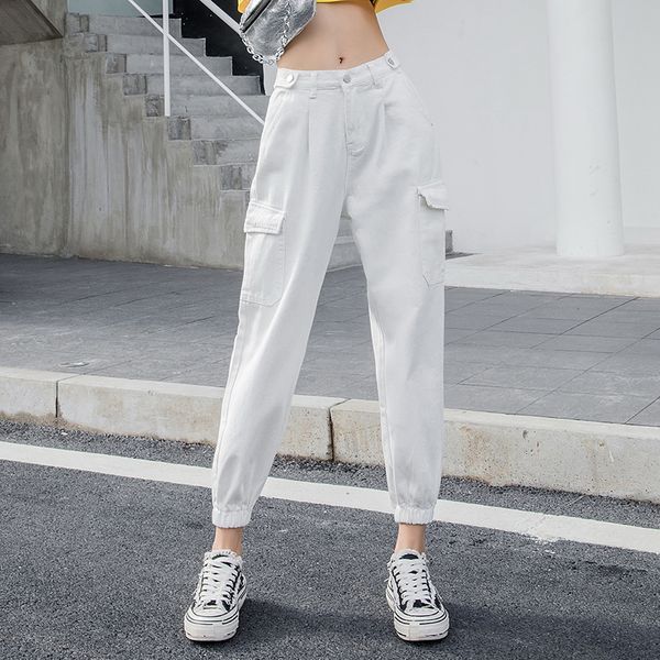 

women's jeans high waist cargo woman casual plus size white black mom harem ladies vintage denim pants femme, Blue