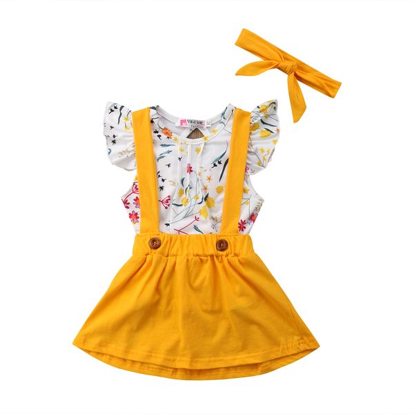 

2018 kids baby girls summer flying sleeves clothes bow flower skirt strap suspender yellow headband sunsuit summer cute set, White