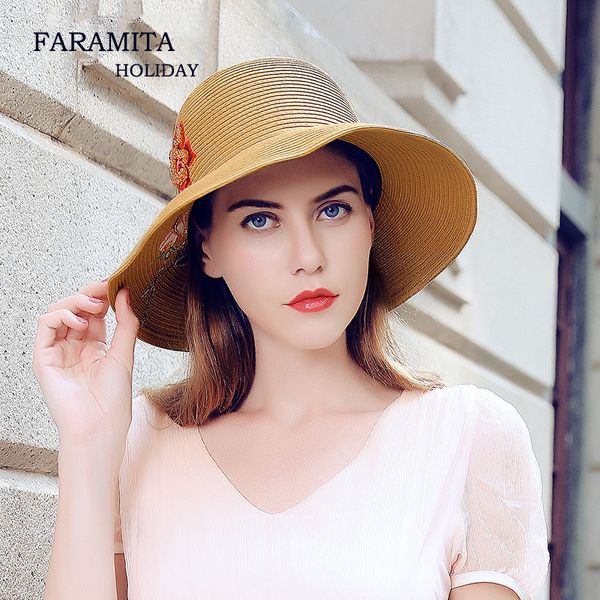 

faramita holiday embroidery straw raffia weave wide brim sun hat women summer elegant hats caps ladies round hat suncreen cap, Blue;gray