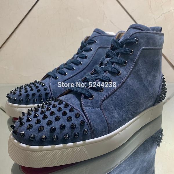 

high handmade blue suede leather rivet toecap and heel red bottom sports runner casual shoes for men flat casual loafers, Black