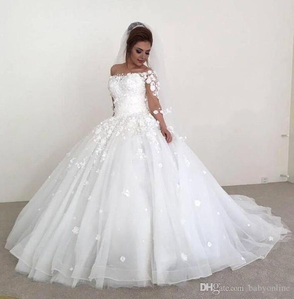 

plus size princess 3d-floral vintage ball gown wedding dresses arabic 3/4 long sleeve vestido de novia wedding dress bridal gowns robe, White