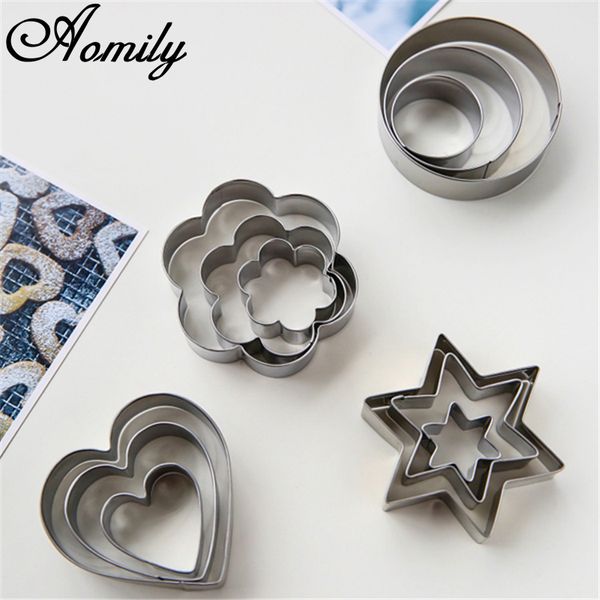 

aomily 12pcs/set cookie cutter stainless steel heart fruit molds flower round star biscuit mould fondant cutting pastry cutters