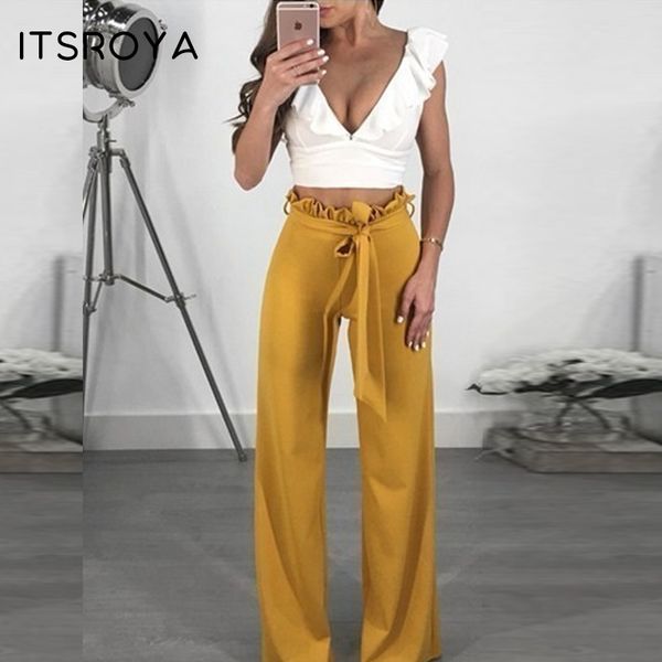 

itsroya 2020 fashion women wide leg pants elegant pants high waist lift hips casual trousers side bow tied woman long, Black;white