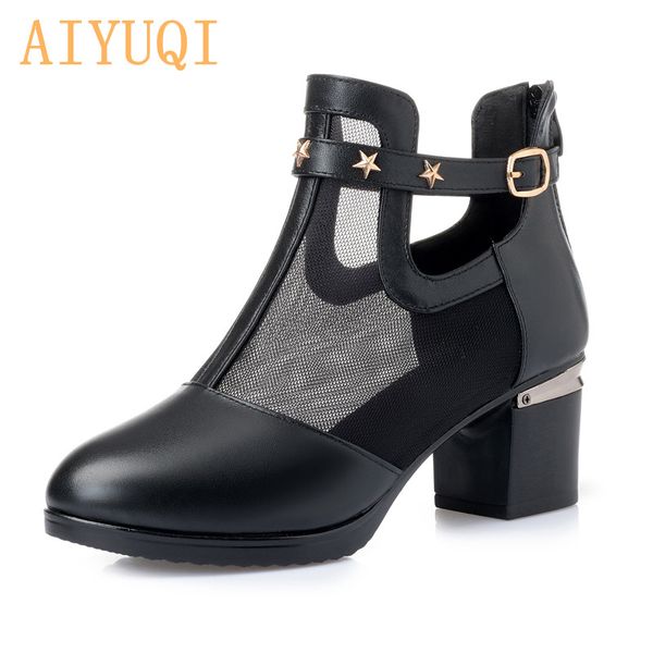 

aiyuqi women's boots air 2019 new women summer boots genuine leather large size 41 42 43 high heel women's mesh shoes, Black
