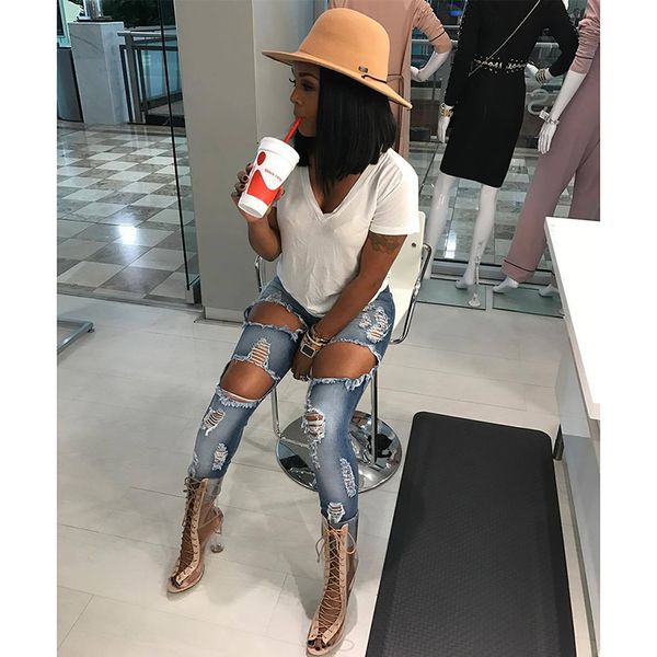 

fashion denim pants hole women ankle length jeans ripped jean destroyed distressed fit skinny ladies pencil pants, Blue