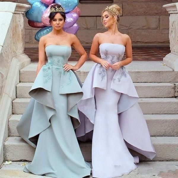 

2020 new arrival mermaid bridesmaid dresses strapless satin appliques sleeveless with detachable train maid of honor gowns wedding guest, White;pink