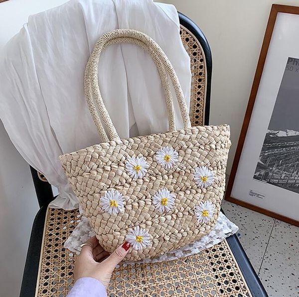 

factory wholesale women handbags large-capacity seaside holiday picnic daisy mori bag summer new straw beach bag sweet flower fashion bag, Black;red