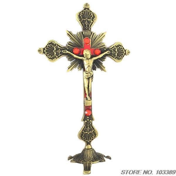 

antique bronze plated church metal stones cross,lord jesus christ, standing crucifix, church decoration,catholic cross, Silver
